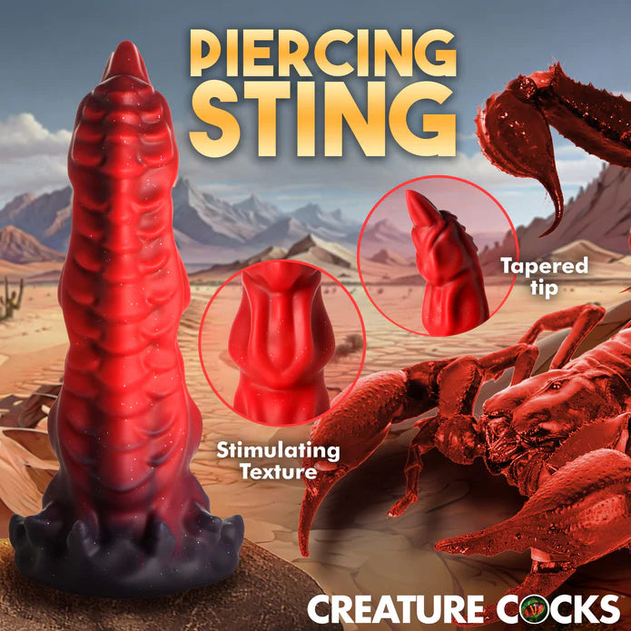 Collage of images showcasing aspects of the Creature Cocks King Scorpion. Text reads: Tapered tip. Stimulating texture. | Kinkly Shop