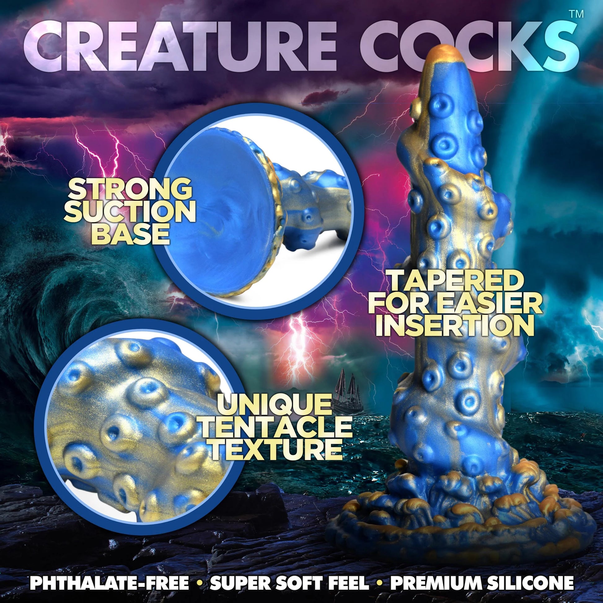 Collage of images of the Creature Cocks Lord Kraken showcasing the different features of the dildo. Text reads strong suction base, unique tentacle texture, tapered for easier insertion. | Kinkly Shop