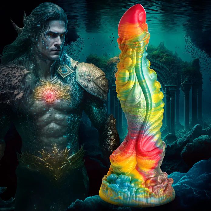 The Creature Cocks Majestic Merman shown next to an illustration of what the "merman" who owns this penis might have looked like | Kinkly