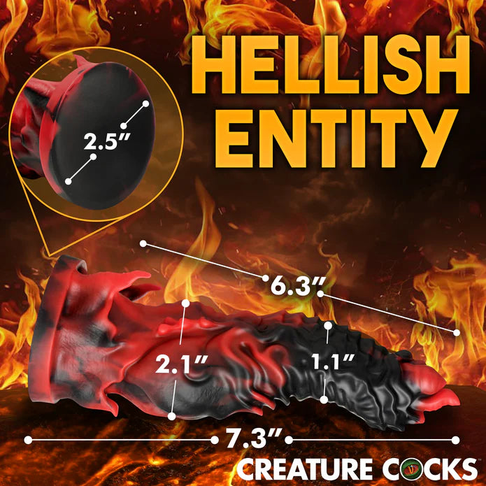 A shot of the Creature Cocks Mephisto with measurements superimposed throughout its length. All measurements are included within the product text description. | Kinkly Shop