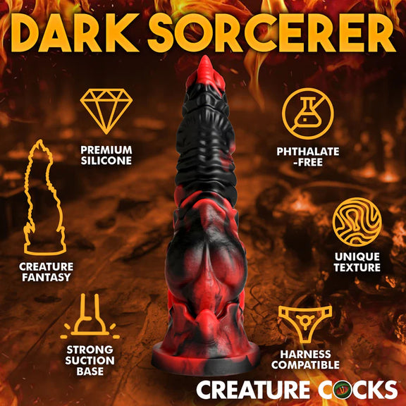 The Creature Cocks Mephisto shown next to a text and icon list of features. Text reads: Premium silicone, creature fantasy, strong suction base, Phthalate-free, unique texture, harness compatible. | Kinkly Shop