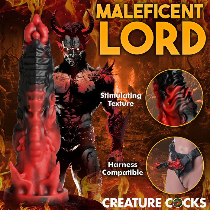 Collage of images showcasing features about the Creature Cocks Mephisto. Text reads: Stimulating texture, harness compatible. | Kinkly Shop