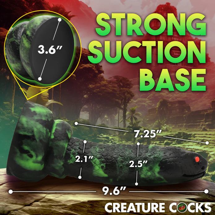 The Creature Cocks Python shown with measurements superimposed on top of it. All measurements are included within the product text descriptions. | Kinkly Shop