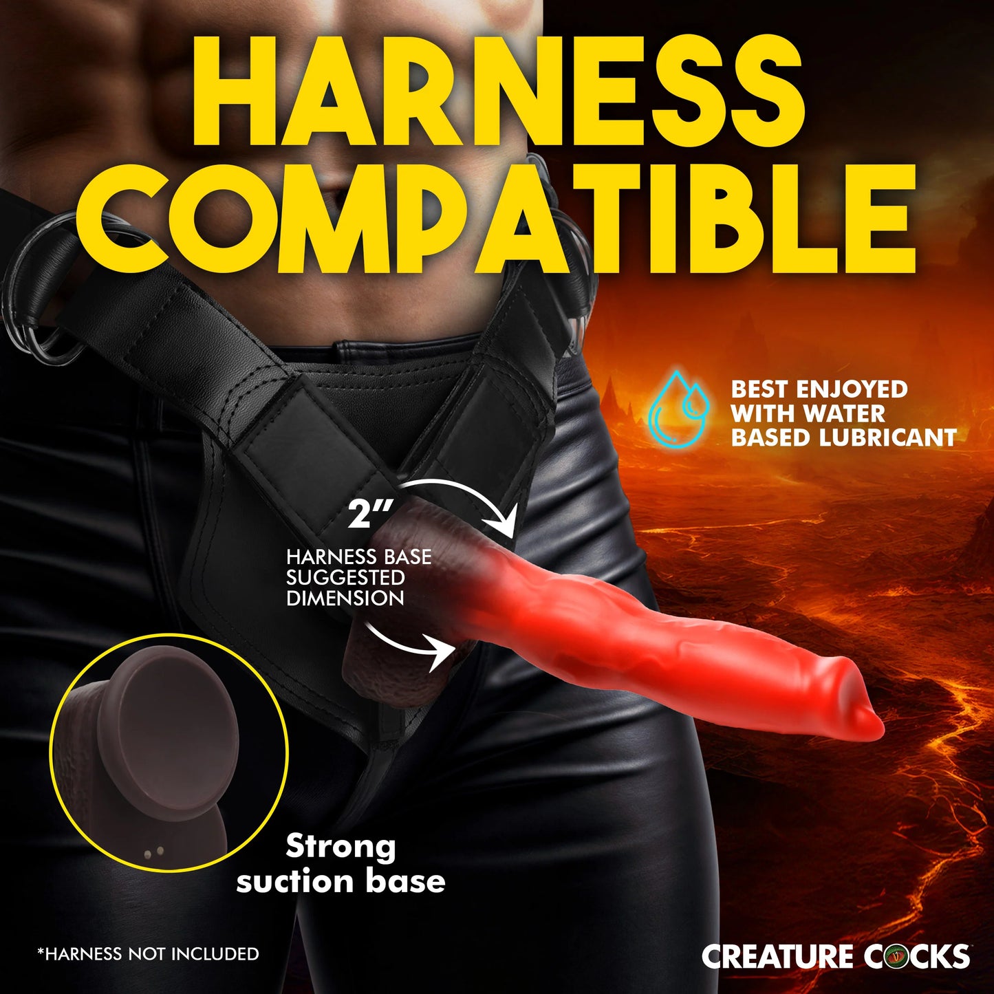 A person is wearing the Creature Cocks Ramming Hound with Remote Control in a heavy-duty strap on harness. Text reads: Harness compatible. 2" harness base suggested dimension. Strong suction base. Harness not included. Best enjoyed with water-based lube. | Kinkly Shop