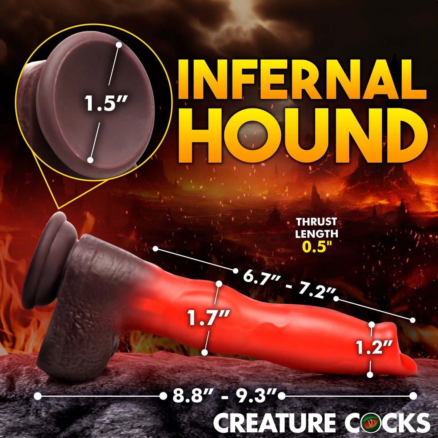 The Creature Cocks Ramming Hound shown with measurements written all around the dildo. All measurements are included within the product text. | Kinkly Shop
