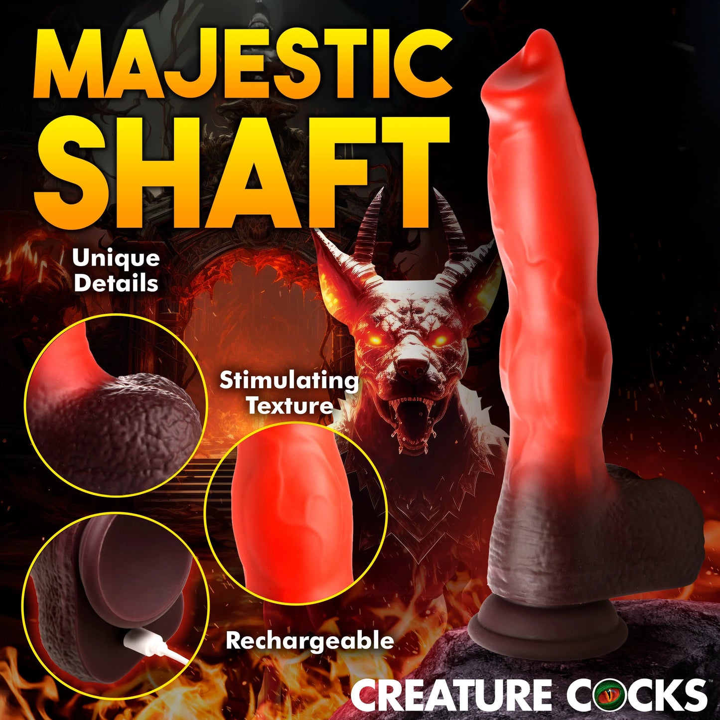 Collage of images showcasing the features of the Creature Cocks Ramming Hound including the unique details and stimulating texture. | Kinkly Shop