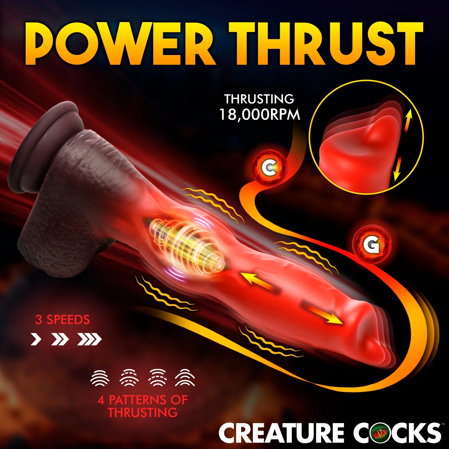The Creature Cocks Ramming Hound with Remote Control shown with illustrated effects on top of it. It shows the vibrating motor near the base of the shaft with the tip's ability to thrust up and down. Text on the image reads: "3 vibration speeds. 4 patterns of thrusting. Thrusting 18,000 RPM" | Kinkly Shop