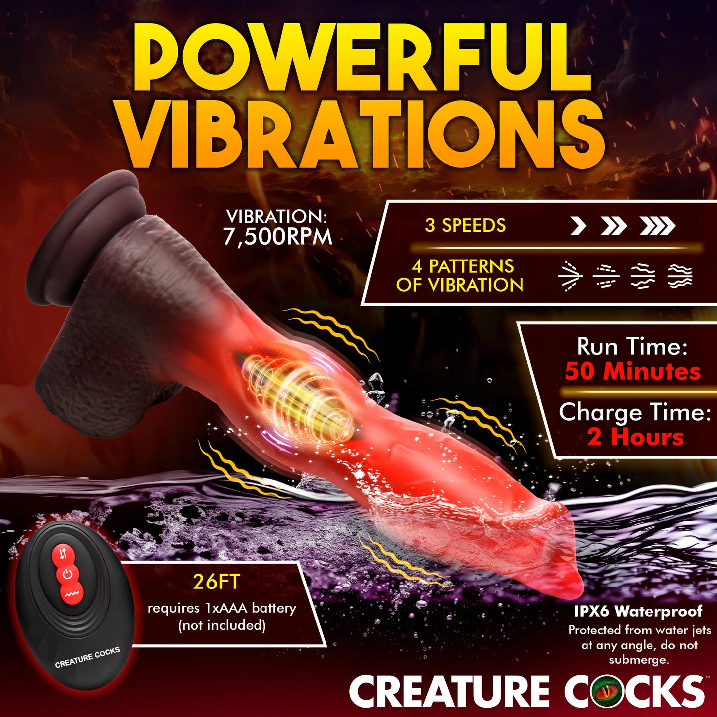 The Creature Cocks Ramming Hound with Remote Control with tons of feature information written around it. Text reads: Powerful vibrations. Vibration 7,500 RPM. 3 speeds. 4 vibration patterns. Run time: 50 minutes. Charge time: 2 hours. Remote range: 26 feet. It requires 1 AAA battery that isn't included. The toy is IPX6 waterproof. It can be lightly splashed but submerging it in water will kill it. | Kinkly Shop