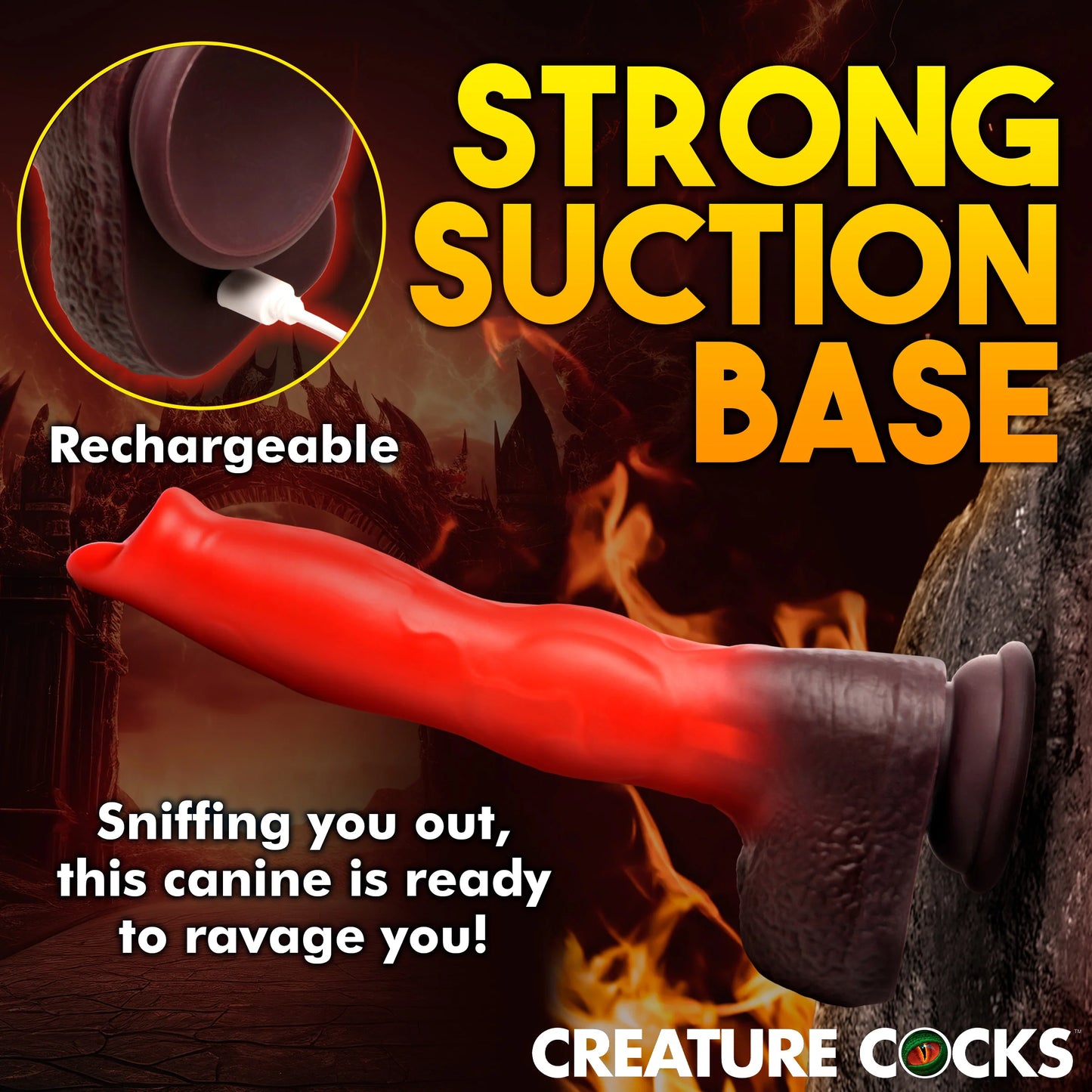 The Creature Cocks Ramming Hound is suction cupped to a volcanic rock. Text reads: Strong suction base. Rechargeable battery. Sniffing you out, this canine is ready to ravage you" | Kinkly Shop