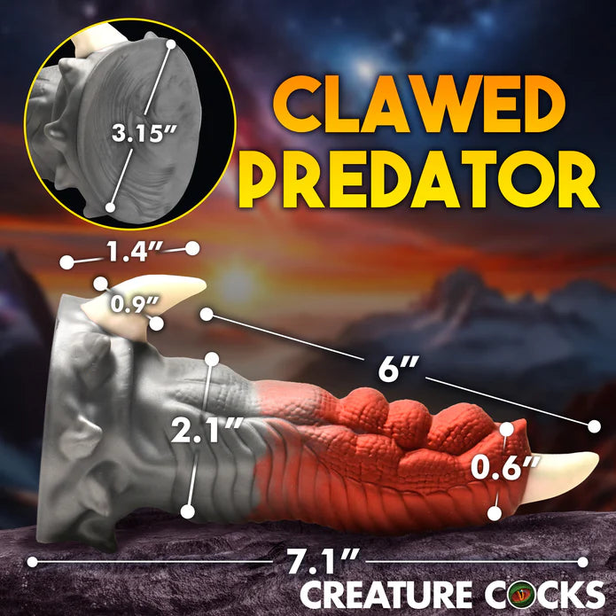 The Creature Cocks Talon shown with measurements superimposed overtop of its size. All measurements can be found within the produce text description. | Kinkly Shop
