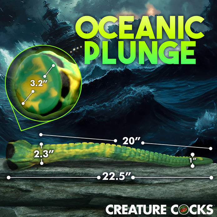 The Creature Cocks Titan with measurements superimposed on top of the dildo's image. All measurements are included within the product description text. | Kinkly Shop