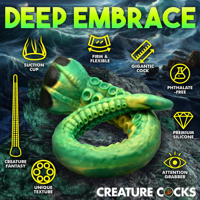 The Creature Cocks Titan shown next to a list of icons and text that showcase its features. Text includes: Suction cup, firm and flexible, Gigantic cock, Phthalate free, premium silicone, Attention grabbed, Creature fantasy, and Unique texture. | Kinkly Shop