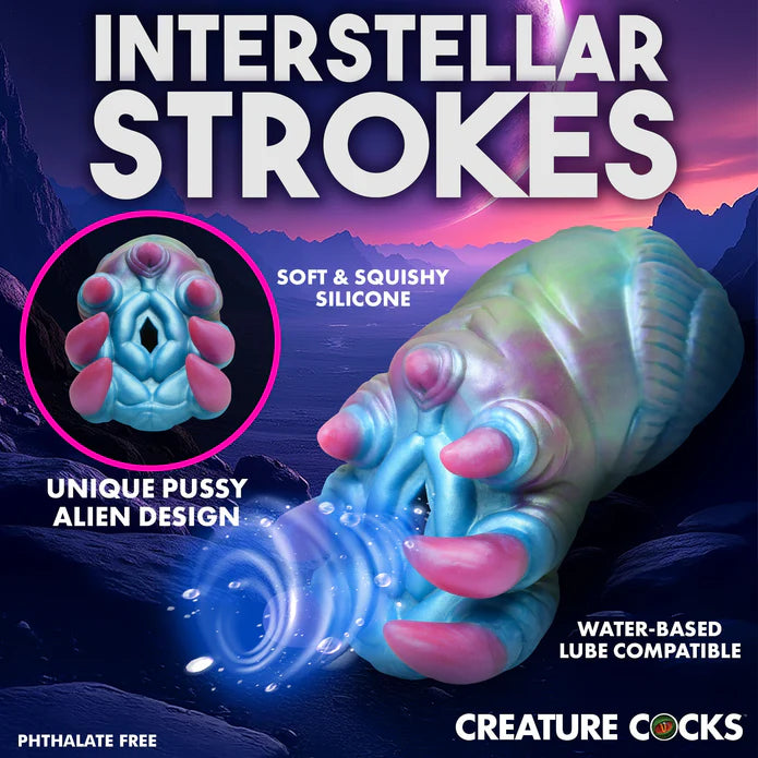 Collage of images showcases different features of the Creature Cocks Ursa. Text reads: Interstellar strokes. Soft and squishy silicone. Unique pussy alien design. Water-based lube compatible | Kinkly Shop