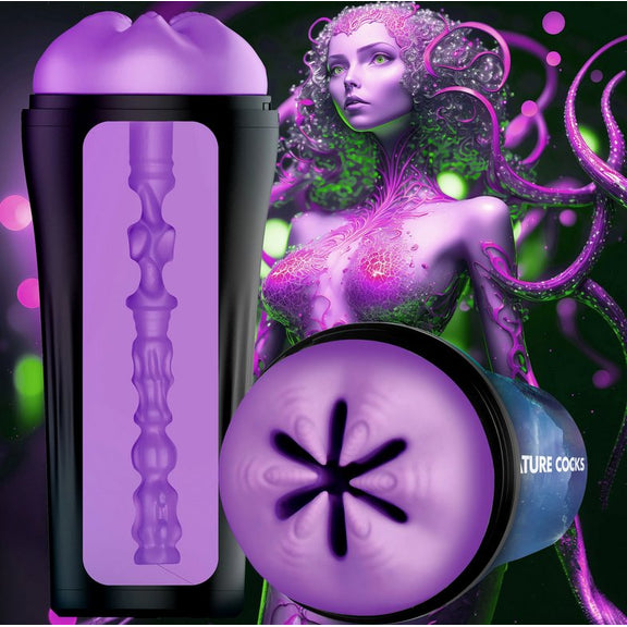 A cross-section of the Creature Cocks Wormhole Alien stroker shown in front of an illustration of the humanoid, large-breasted person that is the "alien". The texture inside the stroker starts right after entrance and includes pebbling, cylinders, ribbing, and tightness variations. | Kinkly Shop