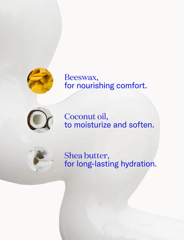 Features of the Dame Vaginal Balm Moisturizer. Text reads: "Beeswax for nourishing comfort. Coconut oil to moisturize and soften. Shea butter for long-lasting hydration." | Kinkly Shop
