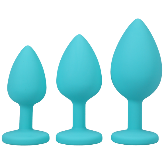 All three of the A Play Trainer Set in Teal plugs shown side-by-side. This makes it easy to see the incremental size increases with each one of the plugs. | Kinkly