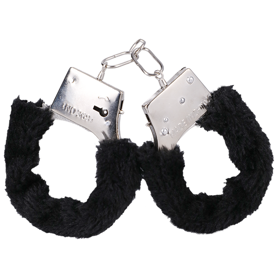 The In A Bag Furry Handcuffs shown in front of a plain white background. They look like plain metal handcuffs with light faux material wrapped around the cuffs. | Kinkly Shop