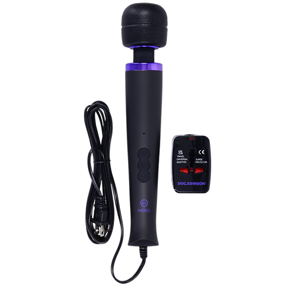 The Merci Power Wand shown in front of a plain white background. It's shown next to the power cord (that's attached) as well as the travel adapter that's included. | Kinkly