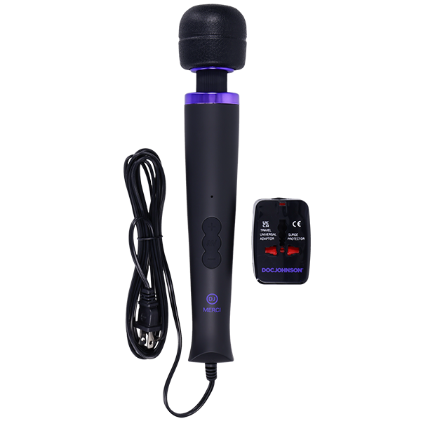 The Merci Power Wand shown in front of a plain white background. It's shown next to the power cord (that's attached) as well as the travel adapter that's included. | Kinkly