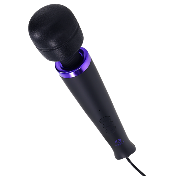 Top-down view of the Merci Power Wand showcases the large head of the wand that leads into a smooth, plastic handle with three buttons on it. | Kinkly