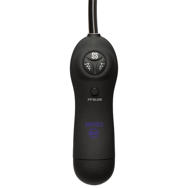 Close-up on the remote that controls the vibrations and suction on the Merci Swell Auto Vibrating Sucker Cups. There's a dedicated button for each of the two vibrating motors as well as the air suction motor. There's also a dedicated button for releasing the air. | Kinkly