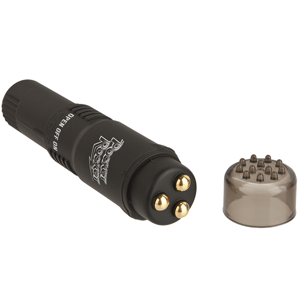 The Doc Johnson Pocket Rocket laying on its side, shown next to the textured, removable cap. | Kinkly Shop