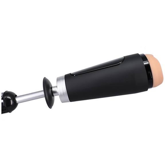 The Main Squeeze Adapter for Power Banger shown attached to the bottom of the stroker and a sex machine, connecting the stroker to a sex machine. | Kinkly Shop