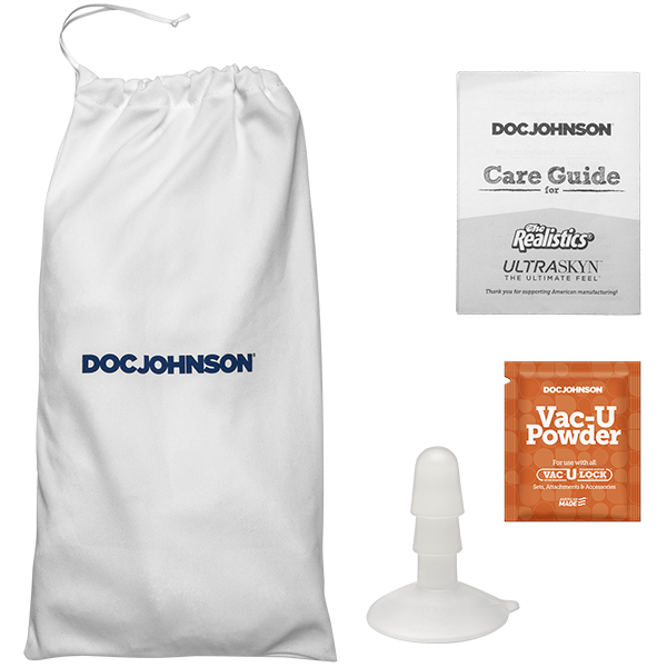 Everything included with the Signature Cocks - Jordi El Nina Polla dildo. There's the drawstring storage bag, the Care Guide, a sample size of the Vac-U-Lock powder, and the suction cup attachment accessory. | Kinkly Shop