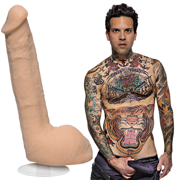 A shirtless Small Hands staring into the camera while holding his erection through the boxer briefs. The Signature Cocks - Small Hands dildo is shown next to the porn star's dildo that's lifecast off his erection. | Kinkly Shop