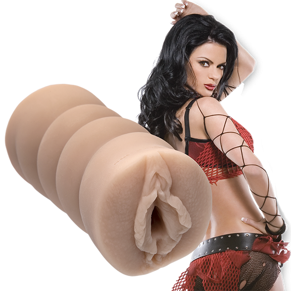 Chanel St. James is wearing skimpy fishnet clothing while staring seductively into the camera. The Signature Strokers Chanel St. James stroker is shown next to the porn star. | Kinkly Shop