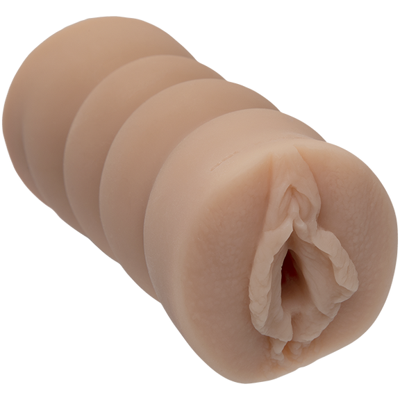 Close-up of the orifice and entrance of the Signature Strokers Chanel St. James stroker. The stroker's entrance is molded directly from the porn star's vulva. | Kinkly Shop