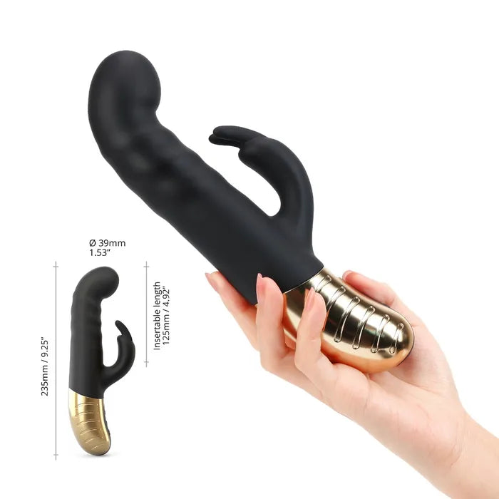 A hand holds the Dorcel G-Stormer Thruster. The vibrator looks decently thick in their hand. Measurements on are all included within the product text description. | Kinkly Shop