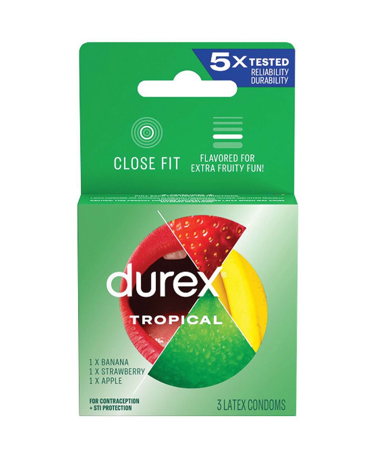 The Durex Tropical Condoms in a 3 pack. There's 1 banana, 1 strawberry, and 1 apple condom inside this 3 pack. | Kinkly Shop