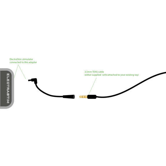Illustration shows how the ElectraStim Powerbox to 3.5 mm Adapter works. The adapter plugs into the powerbox on one side and a 3.5mm TENS cable on the other. | Kinkly