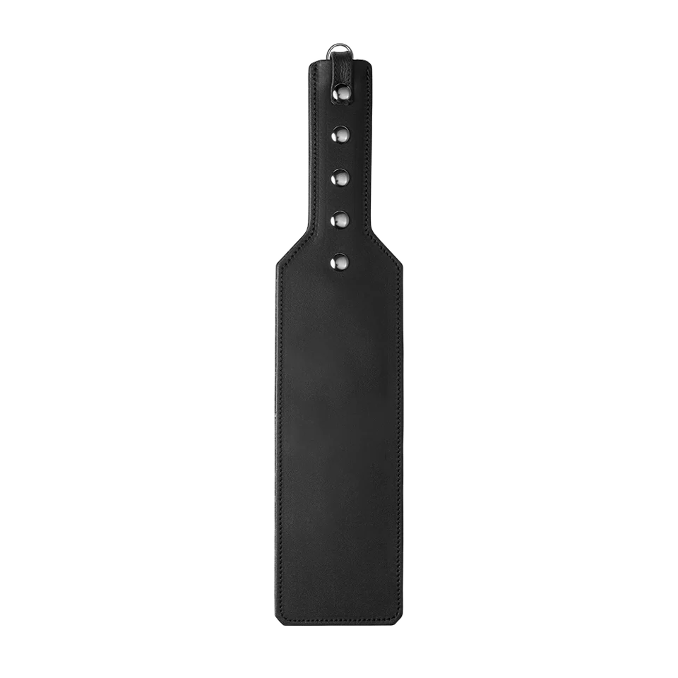 The backside of the ElectraStim ElectraPaddle, showcasing the plain, genuine leather design of the opposite side. | Kinkly