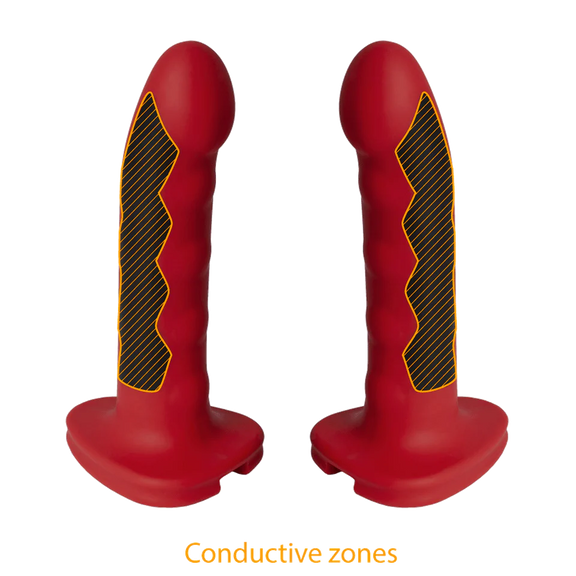 Illustrated overlay shows where the conductive zones are on the ElectraStim Komodo Dildo. All of the black "decorative" zigzagged areas are all conductive. | Kinkly
