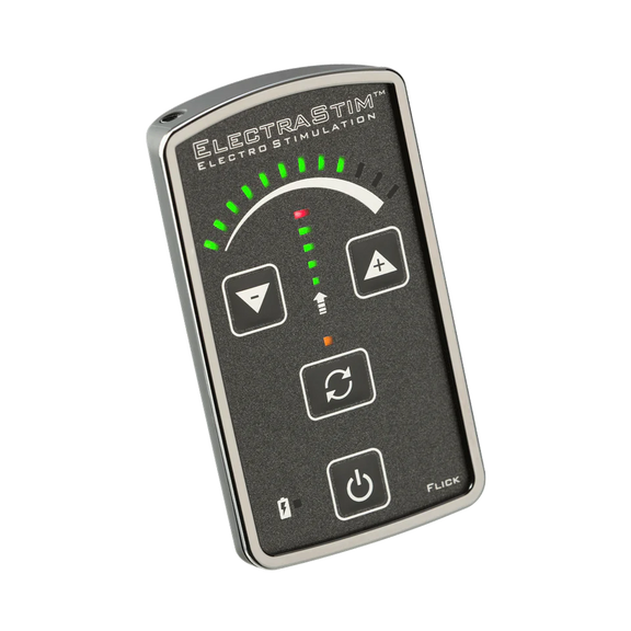 The ElectraStim Flick shown in front of a plain white background | Kinkly