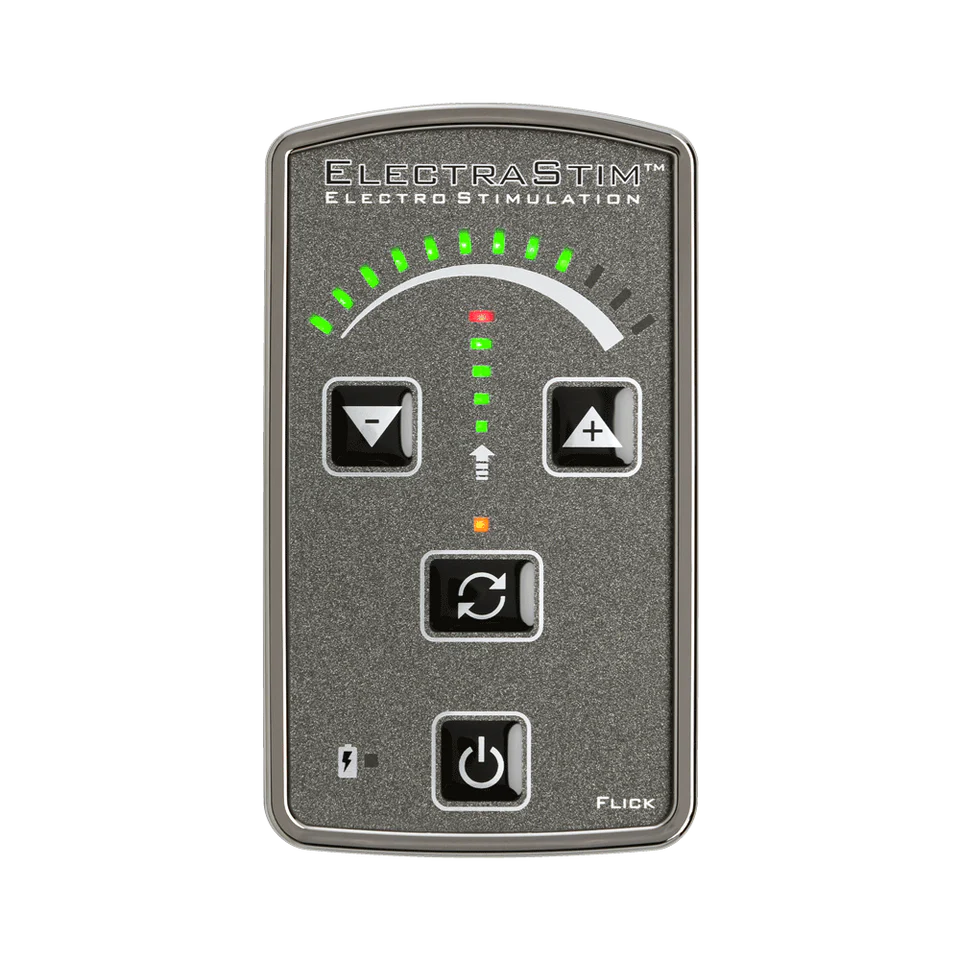Close-up on the front of the ElectraStim Flick controller, showcasing the buttons and the LED backlights that help communicate settings. | Kinkly