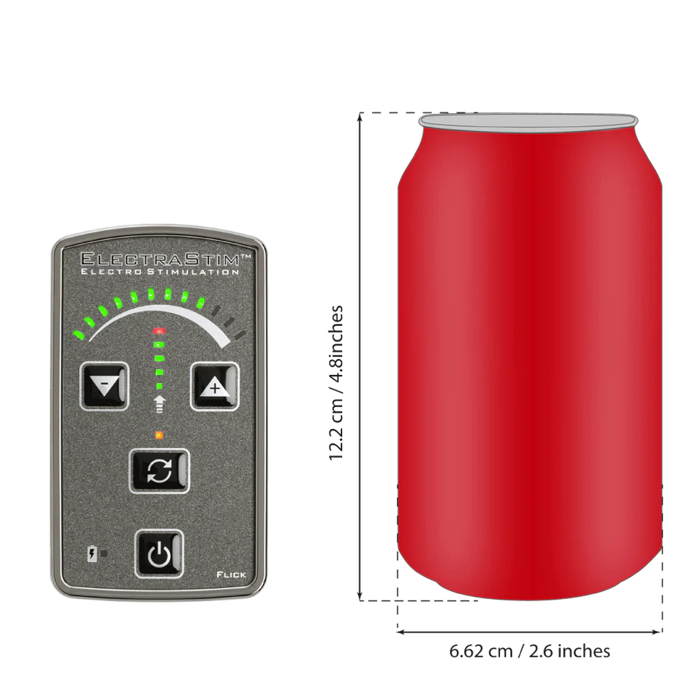 The ElectraStim Flick shown next to a soda can for measurements. The ElectraStim Flick is about 2/3rds the size of a soda can. | Kinkly