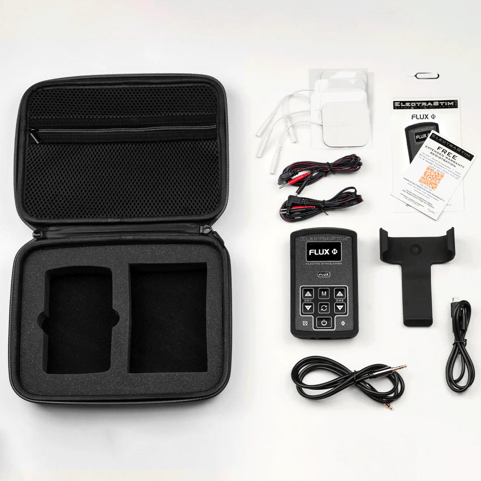 The ElectraStim Flux shown next to everything it comes with including its molded storage case. | Kinkly