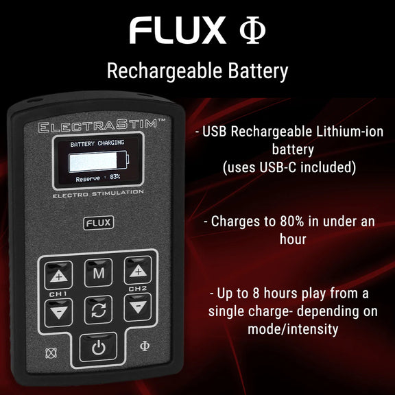 Informational image shows the ElectraStim Flux next to a lot of text. Text on the image reads: Flux. Rechargeable battery. USB rechargeable Lithium-ion battery uses USB-C included. Charges to 80% in under an hour. Up to 8 hours of play from a single charge depending on intensity used. | Kinkly