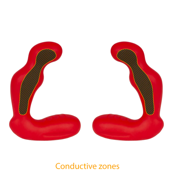 Image shows both sides of the ElectraStim Habanero Prostate Massager, showcasing the conductive zones that overlay with exactly where the black decorative panels are on the dildo. | Kinkly