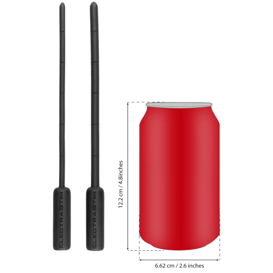 The ElectraStim Flexible Electro Sound in both diameters shown next to a soda can. The sounds are much longer and much slimmer than a soda can. | Kinkly