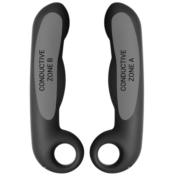 An image showing both sides of the ElectraStim Ovid Dildo, showcasing where the conductive areas are on the sex toy. | Kinkly