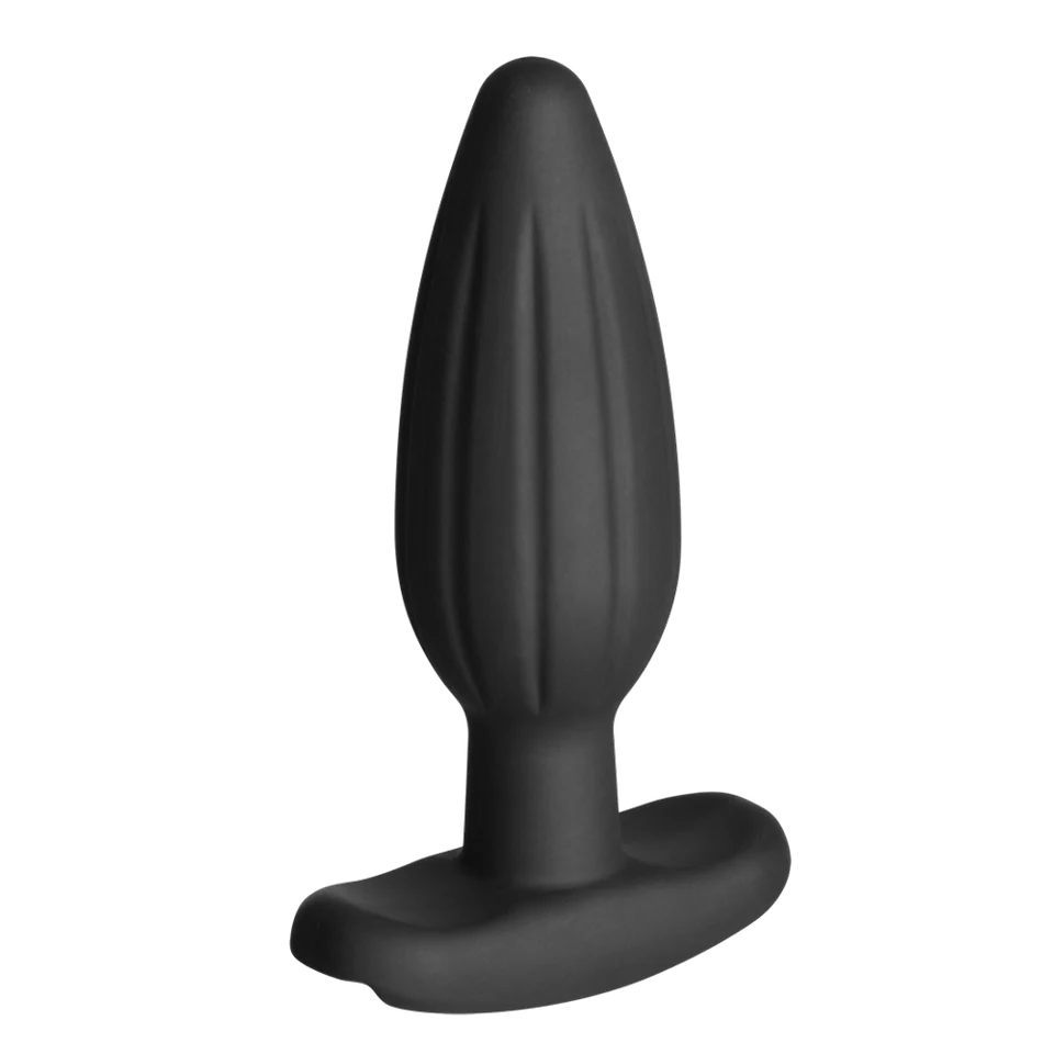 The Electrastim Noir Rocker Plug shown at an angle, showcasing the wide, anal-safe base at the bottom of the toy. | Kinkly