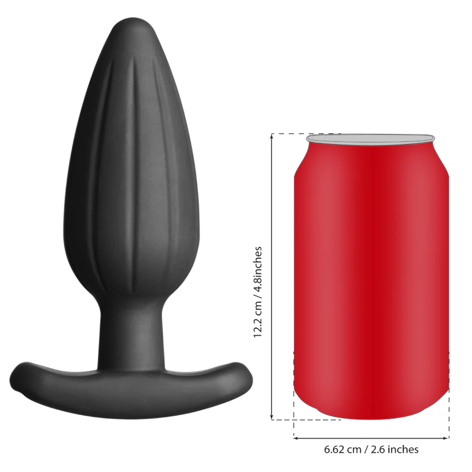 The Electrastim Noir Rocker Plug shown next to a can of soda. The plug is much taller than the can of soda. | Kinkly