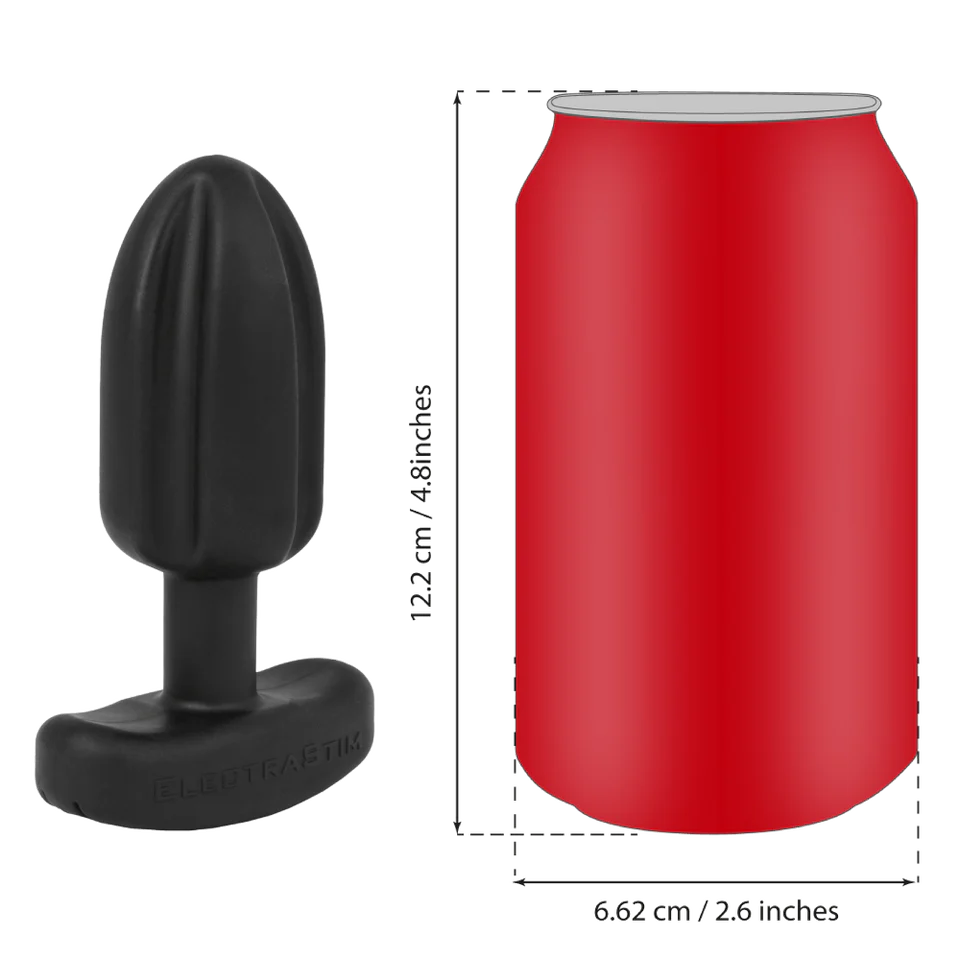 The ElectraStim Noir Tartarus Quadripolar shown next to a soda can. The plug is about the same height as a soda can but nowhere near as thick as the soda can. | Kinkly