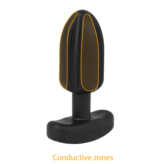 The ElectraStim Noir Tartarus Quadripolar with two (of the four) conductive zones outlined in orange | Kinkly