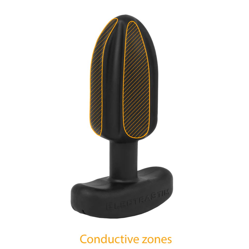 The ElectraStim Noir Tartarus Quadripolar with two (of the four) conductive zones outlined in orange | Kinkly