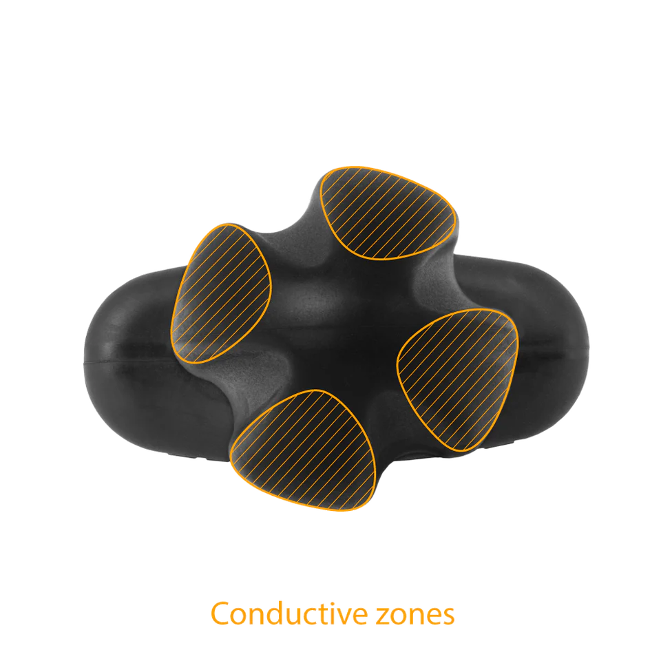 Top-down view shows all four of the different conductive zones outlined in orange to showcase the quadripolar design | Kinkly